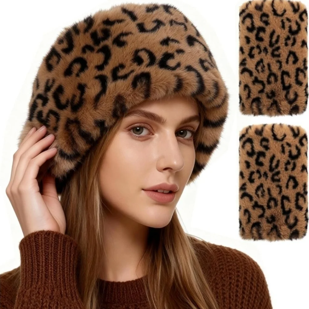 Leopard Fur Gloves Set- Fur Headband W Gloves, Earwarmer - Picture 2 of 5